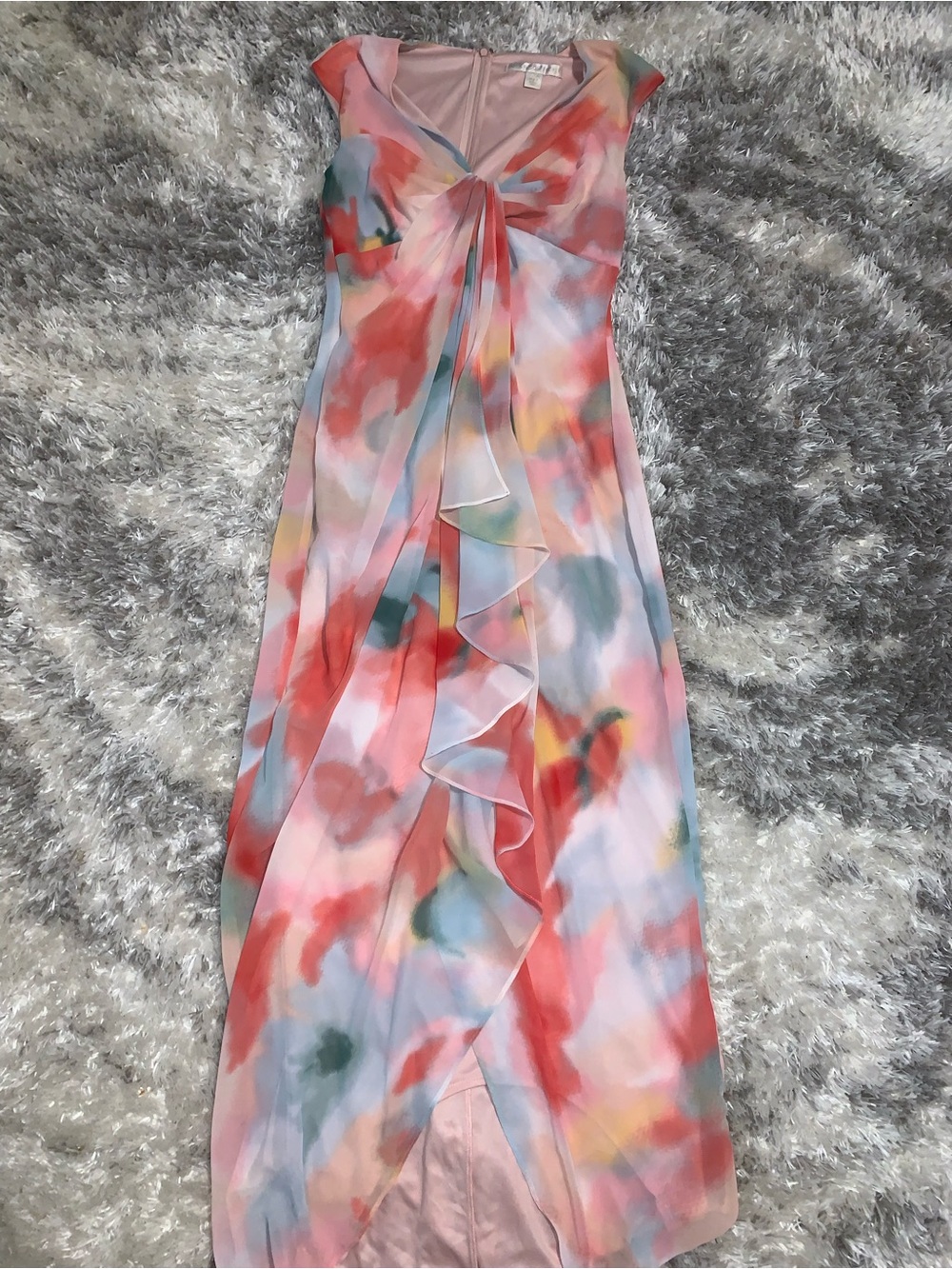 Boston Proper Coral and Pastel Watercolor Ruffle Maxi Dress